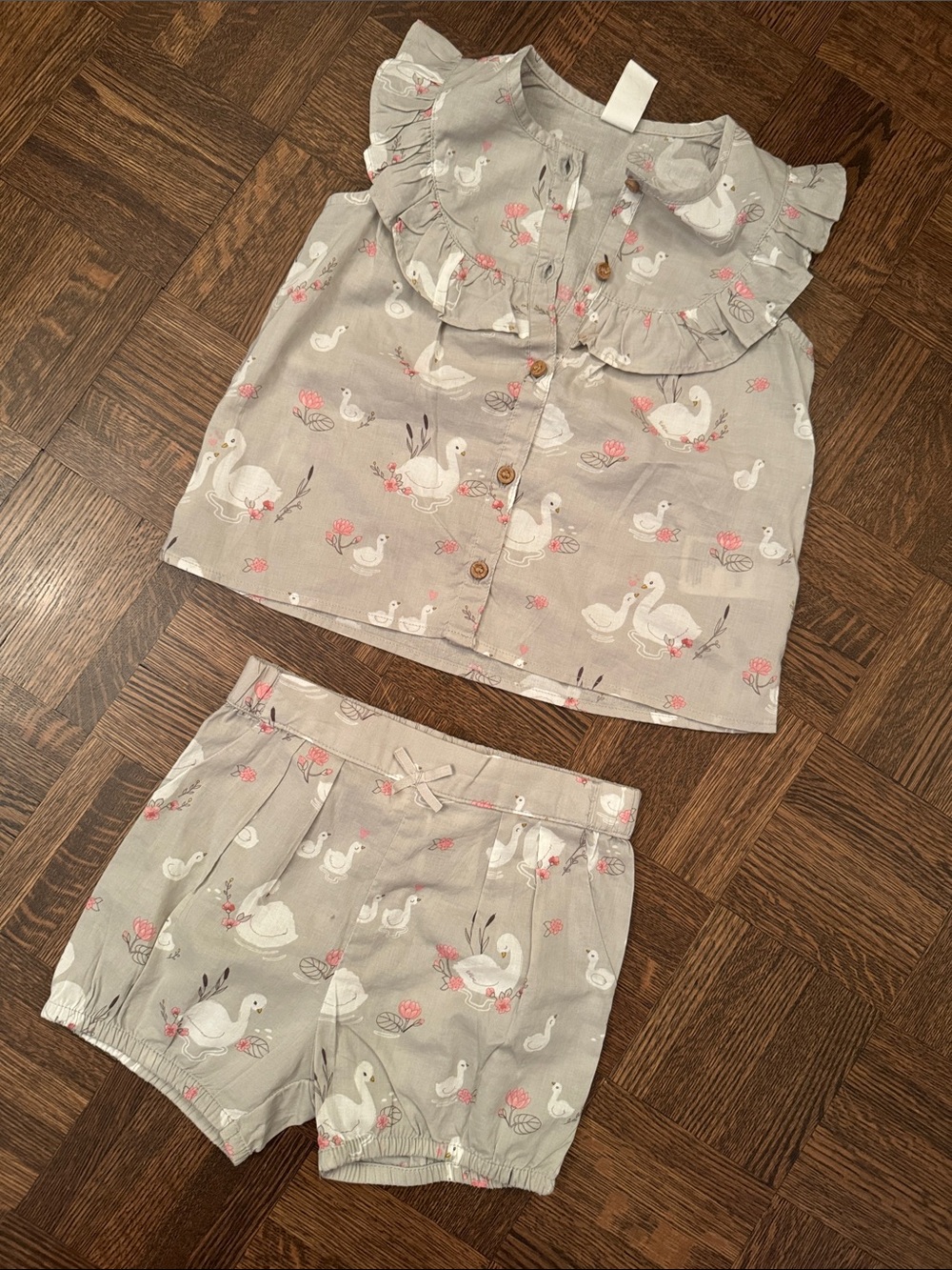 H&M size 3T Girls Green and Pink Swan Matching Set